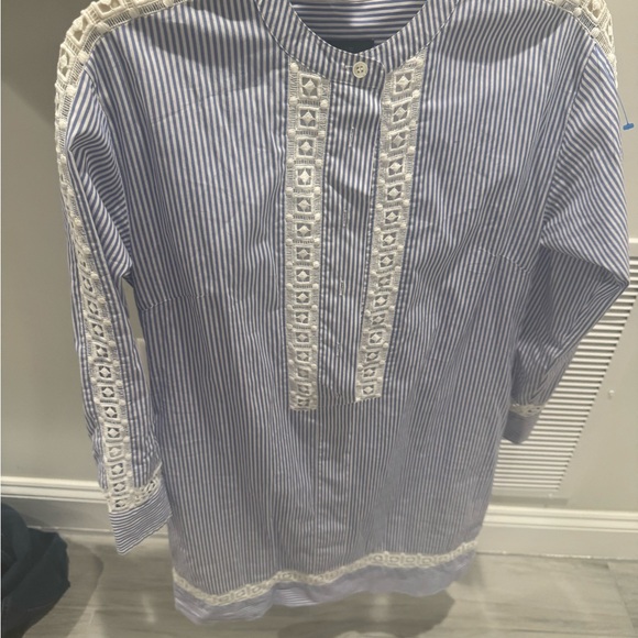 J. Crew Other - Striped Blue and White Blouse swim cover-up tunic with Lace Trim